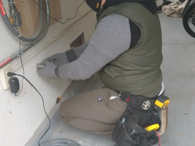 Electrician performing outlet wiring in a North Tustin garage